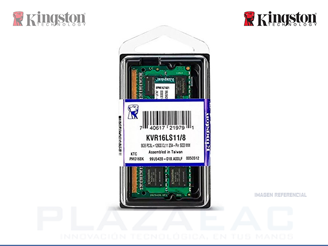 MEMORIA RAM SODIMM KINGSTON DDR3L 8GB, 1600MHZ PC3L-12800 1.35V. - P/N: KVR16LS11/8WP