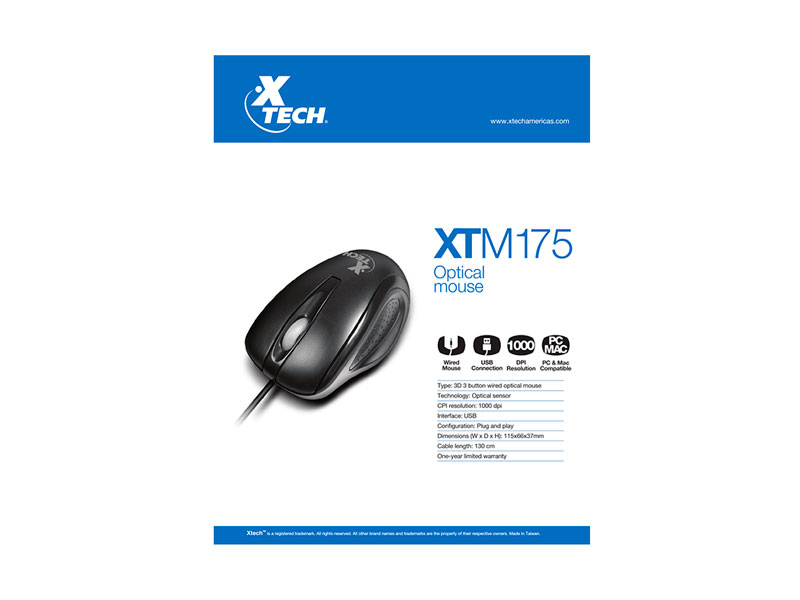 MOUSE XTECH OPTICO XTM175,USB,NEGRO P/N: XTM-175