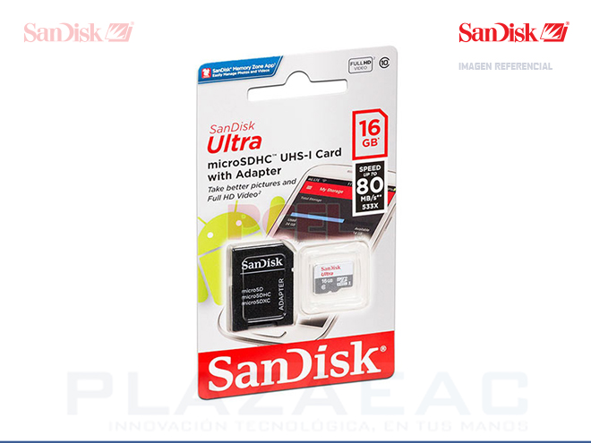 MEMORIA MICRO SDHC SANDISK,16GB, CLASS 10  SD+ADAPTER - P/N: SDSQUNS-016G-GN3MA