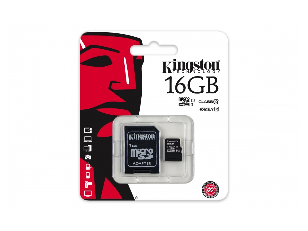 MEMORIA MICRO SD KINGSTON 16GB CLASS 10 +ADAPTADOR SD P/N: SDC10G2/16GB