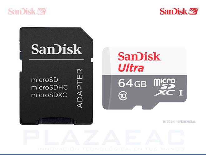 MEMORIA MICRO SDHC SANDISK, 64GB, ULTRA WITH SD+ADAPTER - P/N: DSQUNS-064G-GN3MA