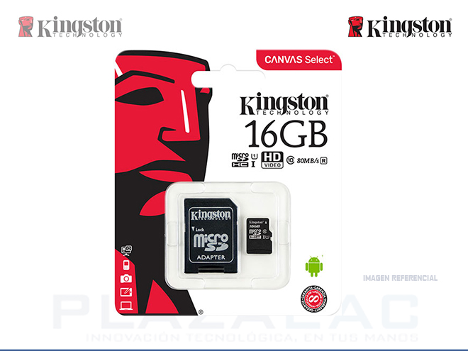 MEMORIA MICRO SD KINGSTON 16GB, UHS-I SPEED CLASS 10 (U1) + ADAPTADOR SD - P/N: SDCS/16GB