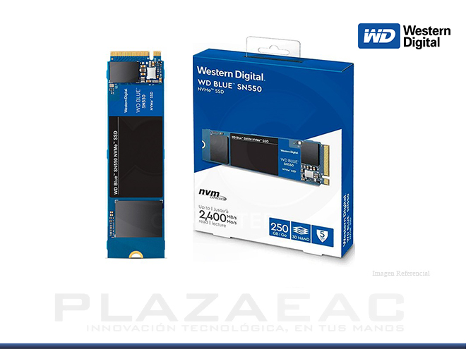DISCO SOLIDO INTERNO, WESTERN DIGITAL BLUE SN550, 250GB, M.2 NVME PCIE 8MM, 2400 MB/S. P/N: WDS250G2B0C