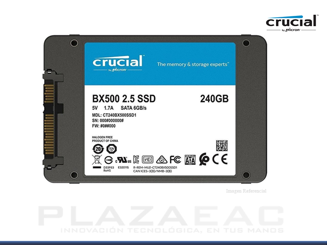 DISCO SOLIDO INTERNO CRUCIAL BX500 240GB, 540MB/S, SATA 6.0 GB/S, 2.5" / 7MM - P/N: CT240BX500SSD1