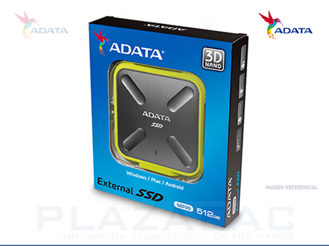 DISCO SOLIDO EXTERNO ADATA SD700, 512GB, USB 3.2, COLOR NEGRO/AMARILLO - P/N: ASD700-512GU31-CYL