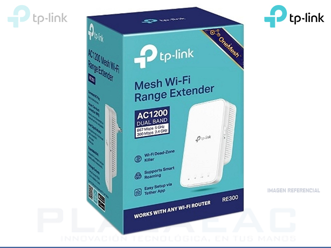 EXTENSOR TP-LINK RE300 WI-FI AC1200, DUAL BAND 867MBPS 5GHZ, 300MBPS, 2.4GHZ, CREA UNA RED MESH - P/N: RE300