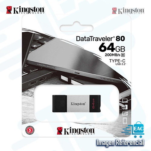 MEMORIA USB KINGSTON 64GB, DATATRAVELER DT80, 20MB/S, TYPE-C 3.2 - P/N: DT80/64GB