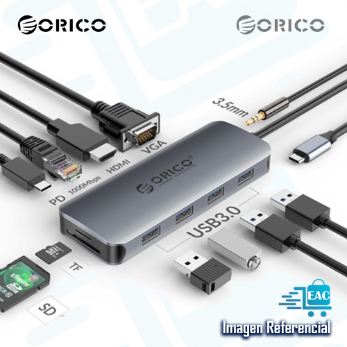 DOCKING ORICO TIPO C, 4 PUERTOS USB 3.0, 1080P VGA, 3.5MM, 4K HDMI, RJ-45, LECTOR SD/TF