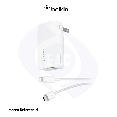 Belkin - - 32 vatios - Fast Charge, PD - 2 conectores de salida (USB, 24 pin USB-C) - en el cable: Lightning - blanco