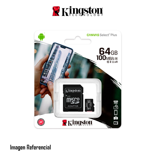 MEMORIA MICRO SD KINGSTON 64GB CLASE10 + ADAPTADOR SD, LECTURA 100MB/S P/N: SDCS2/64GB