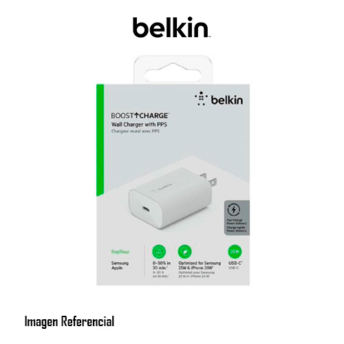 Belkin Wall Charger - Adaptador de corriente - tecnología PPS - 30 vatios - 3 A - Fast Charge, PD 3.0 (24 pin USB-C) - blanco