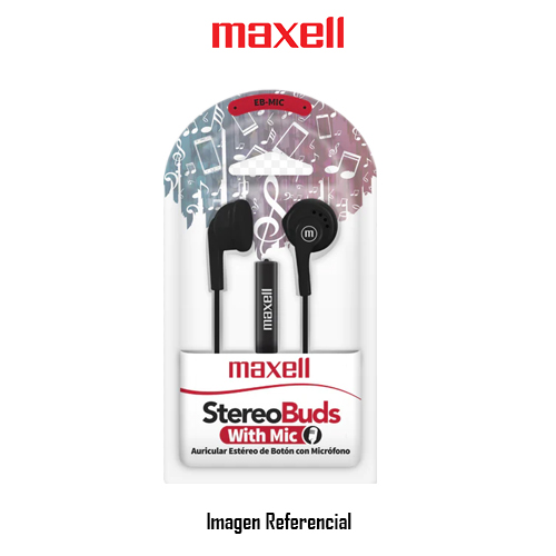 AUDIFONOS MAXELL IN-MIC STEREO BUDS CON MICROFONO, COLOR NEGRO P/N:347366