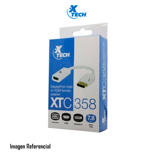 ADAPTADOR XTECH XTC-358 DISPLAYPORT MACHO A HDMI HEMBRA, 20CM, BLANCO, 4K/2K P/N: XTC-358