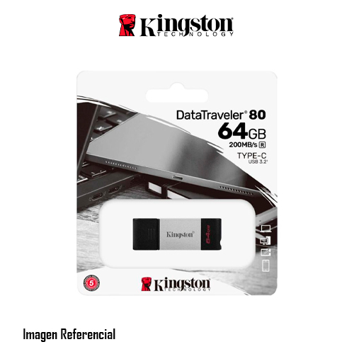 MEMORIA USB KINGSTON 64GB, DATATRAVELER DT80, 20MB/S, TYPE-C 3.2 - P/N: DT80/64GB