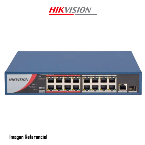 Hikvision DS-3E0318P-E/M - DS-3E Series - conmutador - sin gestionar - 16 x 10/100 (PoE+) + 1 x 10/100/1000 (enlace ascendente) + 1 x Gigabit SFP (enlace ascendente) - sobremesa - PoE+ (135 W)