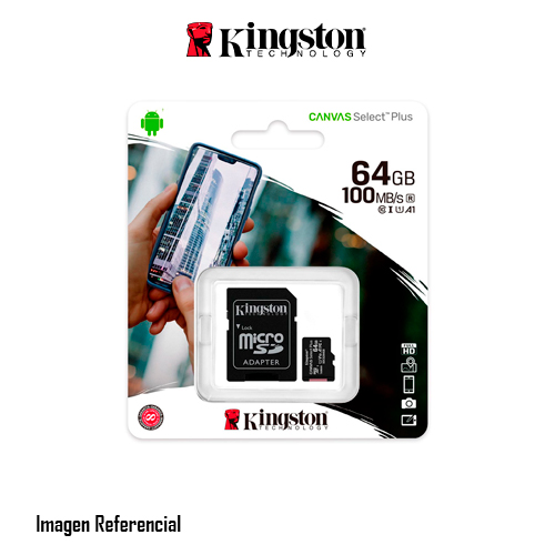 MEMORIA MICRO SD KINGSTON 64GB CLASE10 + ADAPTADOR SD, LECTURA 100MB/S P/N: SDCS2/64GB