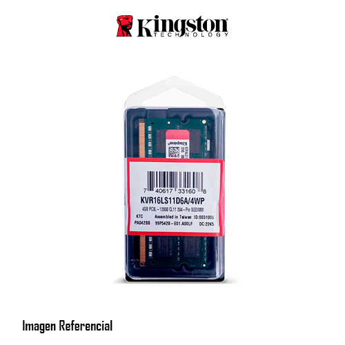 MEMORIA RAM SODIMM KINGSTON 4GB DDR3 1600MHZ, CL-11, 1.35V - P/N: KVR16LS11D6A/4WP