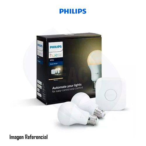 Philips Hue White Starter Kit - Juego de iluminación inalámbrico - bombilla LED x 2 - E27 - total: 18 W (equivalente 120 W) - clase F - luz blanca cálida - blanco
