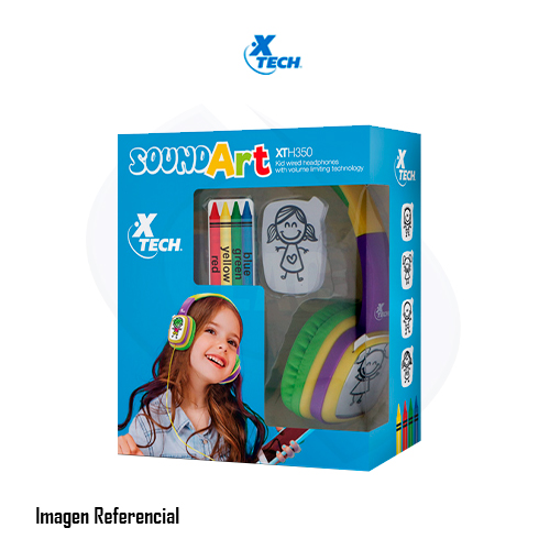 Audífonos de Diadema Xtech Sound Art XTH-350YL - Tecnología de limitación de volumen - Protege la audición al limitar el volumen a 85dB - Cápsulas para los oídos con tarjetas intercambiables para que cada niño pueda colorear con su propio estilo
