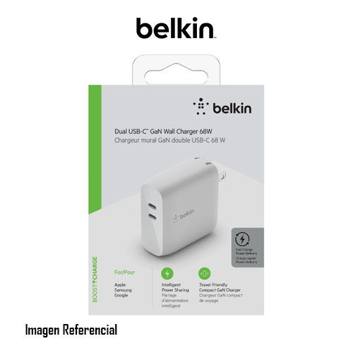 Belkin - Cargador de pared - tecnología GaN - 68 vatios - 3 A - Fast Charge, PD - 2 conectores de salida (24 pin USB-C) - blanco